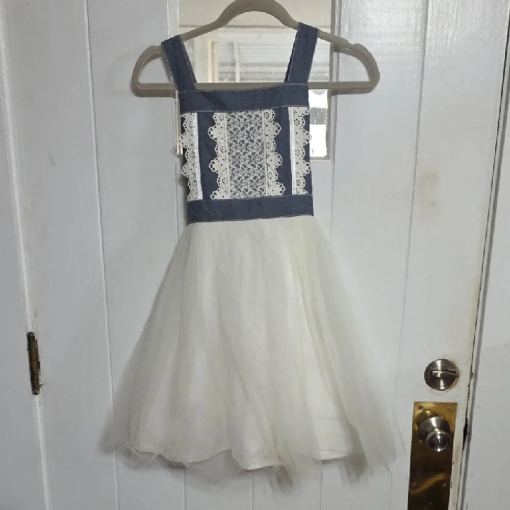 Bonnie Jean Girls Chambray Denim Dress White Tulle Lace Ties Sz 14 EUC